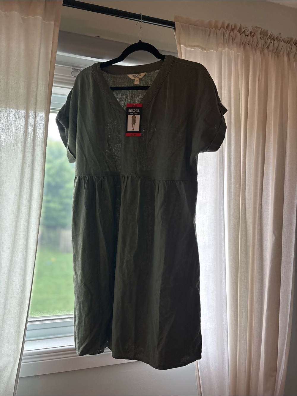 Briggs New York Olive Green V-Neck Midi Linen Dress